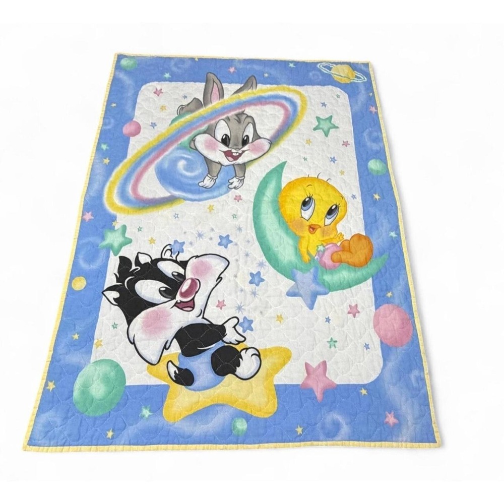 Vintage Looney Tunes Baby Bugs Bunny Tweety Sylvester Space Crib Quilt Blanket